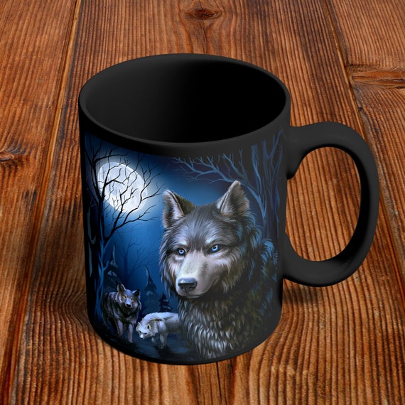 Black And White Enamel Mug Two Wolfs Playing In Snow Camper Coffee Mug Wolf Themed Decor For Men Excelent Gift for Birthday Full Printed Mug