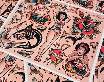 May include: A vintage-style illustration of a shark week poster with a pin-up girl, a shark, a rose, and a heart with the words "Sharks" on it. The poster is on a pink background and has the text "Shark Week 2022" and "Danger No Swimming!!!" on it.