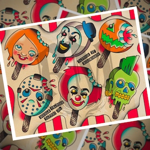 May include: A vintage-style illustration of various horror movie characters on popsicle sticks. The characters include Jason Voorhees, Freddy Krueger, Chucky, and more. The illustration is in a cartoon style and features bright colors. The text "Tattoos by Rob2morrow" and "Double Feature Tattoo Co." are included in the image.