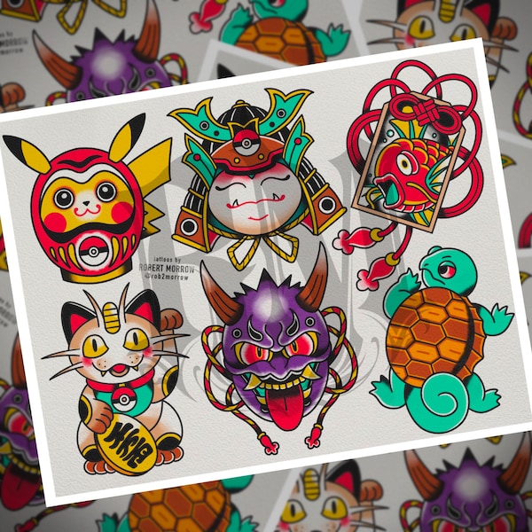 FUEDAL MONSTERS Traditional Tattoo Flash Sheet