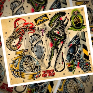 May include: A vintage-style illustration of various alien-themed tattoos. The image features a green alien, a red alien, a space helmet, and a face-hugger. The text "TATTOOS BY CODY TWEEDY" is at the bottom of the image.