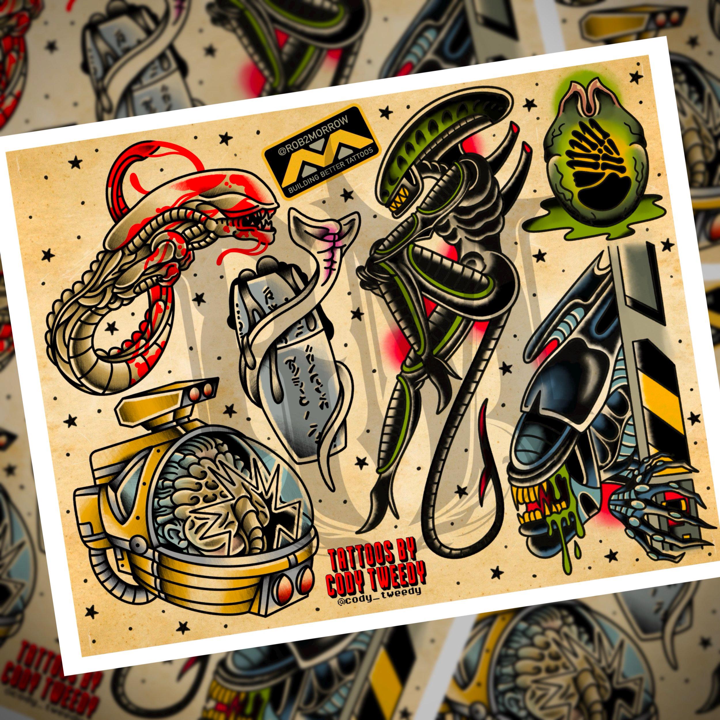 XENOMORPH SPLIT Traditional Tattoo Flash Sheet