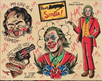 May include: A set of five tattoo flash designs featuring the Joker from the movie "Joker". The designs include a portrait of the Joker with a red and green suit, a laughing man with a red and blue suit, a gun with a red and black handle, a rose with red and blue petals, and a sign that says "Don't Smile!" in red and black.