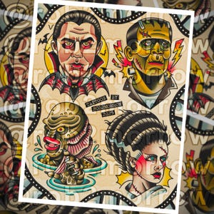 May include: A print featuring four classic monster portraits in a traditional tattoo style. The images include Dracula, Frankenstein's monster, the Creature from the Black Lagoon, and the Bride of Frankenstein. The text "TATTOOS BY ROB2MORROW 2025" is also included.