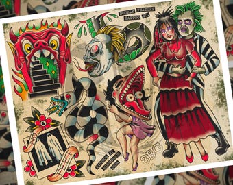 May include: A vintage-style tattoo art print featuring colorful illustrations of characters and imagery from the movie Beetlejuice. The print includes a devil, snake, and the iconic couple. Text includes "DOUBLE FEATURE TATTOO CO."