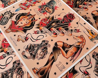May include: A set of nine vintage-style tattoo flash designs featuring characters and quotes from the Star Wars franchise. The designs include Darth Vader, Yoda, Princess Leia, Jabba the Hutt, and more. The designs are in black and white with red, yellow, and blue accents.