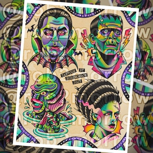 May include: A colorful print featuring four classic monster portraits: Dracula, Frankenstein's monster, the Creature from the Black Lagoon, and the Bride of Frankenstein. The artwork is in a traditional tattoo style, with vibrant colors and bold outlines. The text "TATTOOS BY ROB2MORROW 2025" is also included.