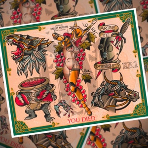 May include: A vintage-style tattoo flash sheet with a green border. The sheet features a variety of images, including a woman with a sword, a dragon, a creature with a pot on its head, a horse, and a helmet with a sword through it. The text "You Died" is at the bottom of the sheet. The text "Arise Ye Tarnished ER1" is on the right side of the sheet.