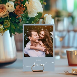 SIGNATURE Script Dusty Blue Wedding Table Number Template, Simple Dusty Blue Table Numbers, Printable Photo Table Number, Instant Download