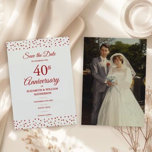 Invito "Save the Date" per l'anniversario delle nozze di rubino: cuori e coriandoli (modello digitale da scaricare 5x7)