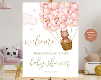 Puede incluir: Un cartel de bienvenida para un baby shower con una combinación de colores rosa y marrón. El cartel presenta un osito de peluche en una cesta, rodeado de globos rosas y marrones. El texto en el cartel dice "Bienvenido a Charlotte & William's Baby Shower Sun | 20 | Nov".