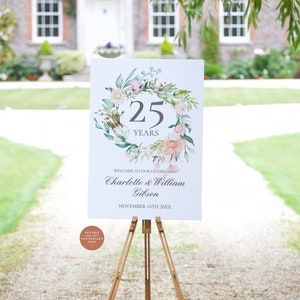 25th Silver Wedding Anniversary Welcome Sign, Any Year, Floral Roses Garland, 25 Years, Instant Download, Editable, Printable Template, RG25