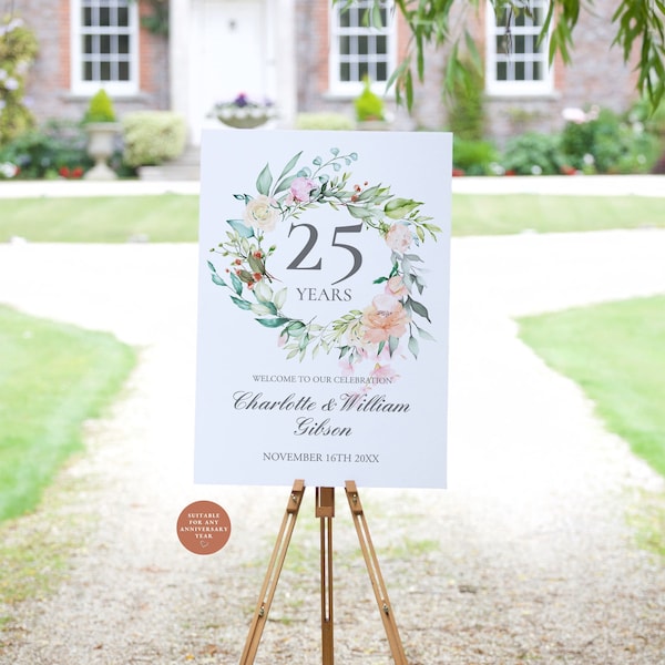 25th Silver Wedding Anniversary Welcome Sign, Any Year, Floral Roses Garland, 25 Years, Instant Download, Editable, Printable Template, RG25