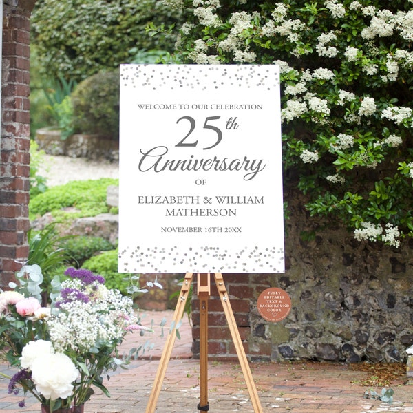 25th Wedding Anniversary Welcome Sign Template, Any Year Surprise Party, Instant Download Editable Printable Poster, Silver Confetti, SD25