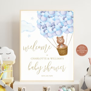 Editable Blue Hot Air Balloon Bear Theme Baby Shower Welcome Sign Template Boho We Can Bearly Wait Baby Shower Welcome Sign Instant Download