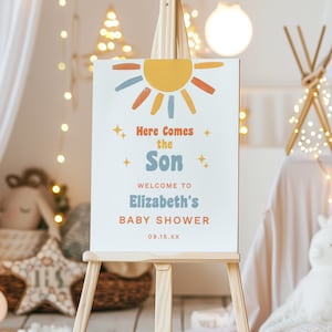 Here Comes The Son Baby Shower Welcome Sign, Sunshine Boy Baby Shower Poster Template, Editable Retro Baby Shower Decor, Instant Download