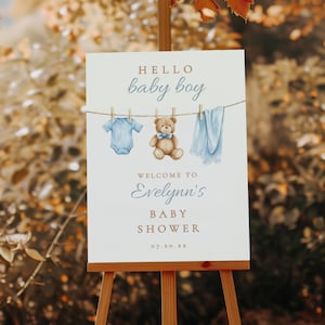 Blue Boy Clothesline Baby Shower Welcome Sign Template, Rustic Watercolor Hello Baby Boy Shower Welcome Sign, Instant Download, LUMI