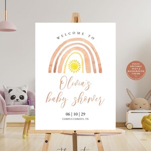 Modèle de plaque de bienvenue arc-en-ciel pour baby shower, baby shower neutre, baby shower bohème, plaque de bienvenue modifiable, plaque de bienvenue moderne imprimable, BR1