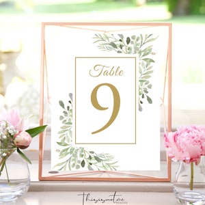 Boho Greenery Table Numbers Printable, Gold Wedding Table Number Template, Wedding Anniversary Editable Table Numbers Instant Download, GW50