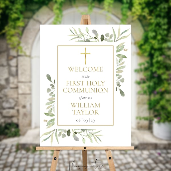 Greenery Communion Welcome Sign Template, Holy Communion Welcome Sign, Elegant Gold Gross Communion Welcome Poster, INSTANT Download, WGHC