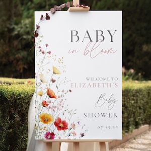 Baby In Bloom Wildflower Baby Shower Welcome Sign, Pink Girl Baby Shower Poster, Watercolor Girl Baby Shower Decor, Instant Download, WILLA