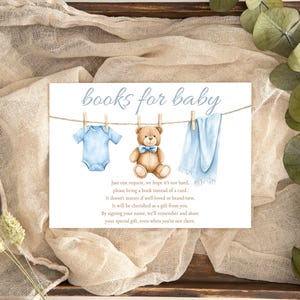 LUMI Watercolor Blue Boy Clothesline Books For Baby Card Template, Boy Baby Shower Invitation Insert, Cute Boho, Instant Download, DIY