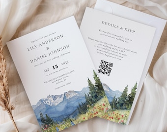 Rustic Mountain Wildflower QR Code Wedding Invitation Template, Instant Download, Printable, Editable Text, Elegant Modern Invite, MONTARA