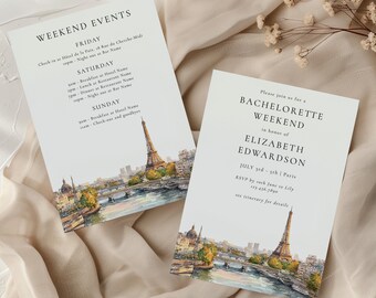 Watercolor Paris Eiffel Tower Skyline Bachelorette Weekend Template: Hen Party Invite (Digital Download)