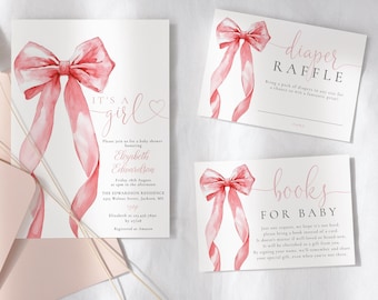 May include: A set of baby shower invitations and cards with a watercolor bow design in shades of pink. The invitation reads "It's a Girl" and includes event details. Additional cards include "diaper raffle" and "books for baby".