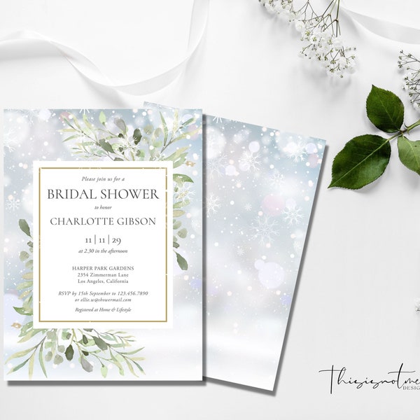 Greenery Winter Bridal Shower Invitation Template, Editable Greenery Winter Snowflakes Couples Shower Printable Invites, INSTANT, DIY, WGW