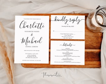 May include: Elegant wedding invitation suite with a main invitation card, a reply card, and a details card. The cards are white with black calligraphy text. The main card features the names "Charlotte & Michael". The suite is displayed on a wooden tray.