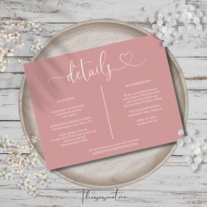 Hochzeitsdetails Kartenvorlage, Dusty Rose En gezogene Karte zum Ausdrucken, schicke Herz Script Detailkarte, Hochzeit Anpassung Karte Instant, HSW