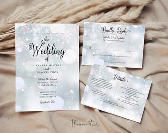 Winter Snowflakes Wedding Invitation Template, Instant Download Printable Editable Text Invite, RSVP and Details Card, DIY, Corjl
