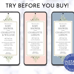 Greenery Smartphone Baby Shower Invitation, Editable Baby Shower Evite, Electronic Couples Baby Shower Text Invite, Instant Download, WGBS