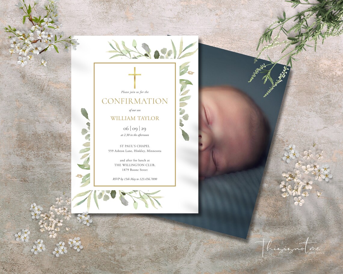 Confirmation Invitation Template: Watercolor Greenery Floral Design ...
