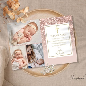 Baptism Thank You Card Template Printable Rose Gold Glitter Girl Christening Thank You Card Photo Thank You Card Editable Instant Download