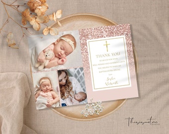Baptism Photo Thank You Card Template: Rose Gold Glitter Christening (Digital Download )