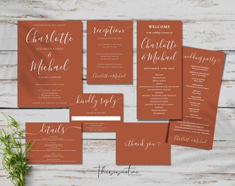 SIGNATURE Minimalist Wedding Invitation Suite Template, Editable Rustic Wedding Invite, Printable Burnt Orange Wedding Invitation Set DIY