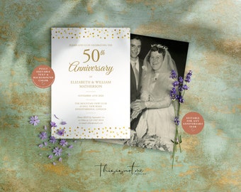 May include: Gold confetti and a white background with gold text on a 50th anniversary invitation. The text reads "Please join us in celebrating the 50th Anniversary of Elizabeth & William Matherson, November 16th 200X. The Mountain View Club, 45 Hill View Road, Knightsbridge, London. Please RSVP by September 1st at email address@email.com". A black and white photo of a couple on their wedding day is in the background.
