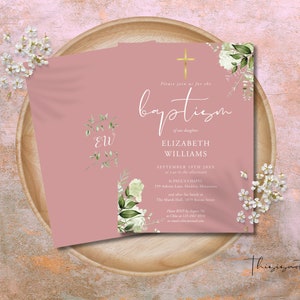 Baptism Invitation Template, Pink Baptism Invite Card Printable, Rustic Greenery Floral Baptism Invitation, Editable, INSTANT Download, RGB