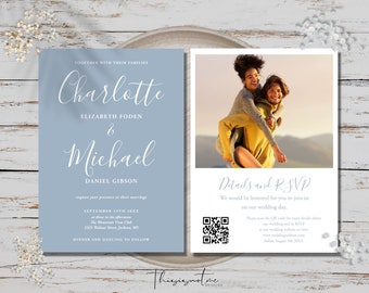 Signature Photo Wedding Invitation QR Code, Dusty Blue Minimalist Wedding Template Printable Editable Wedding Invite with QR Code RSVP