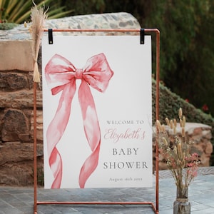 Pink Bow Baby Shower Welcome Sign, Girl Baby Shower Poster, Pink Girl Baby Shower Decor, Coquette Bow, Watercolor Ribbon, Instant Download