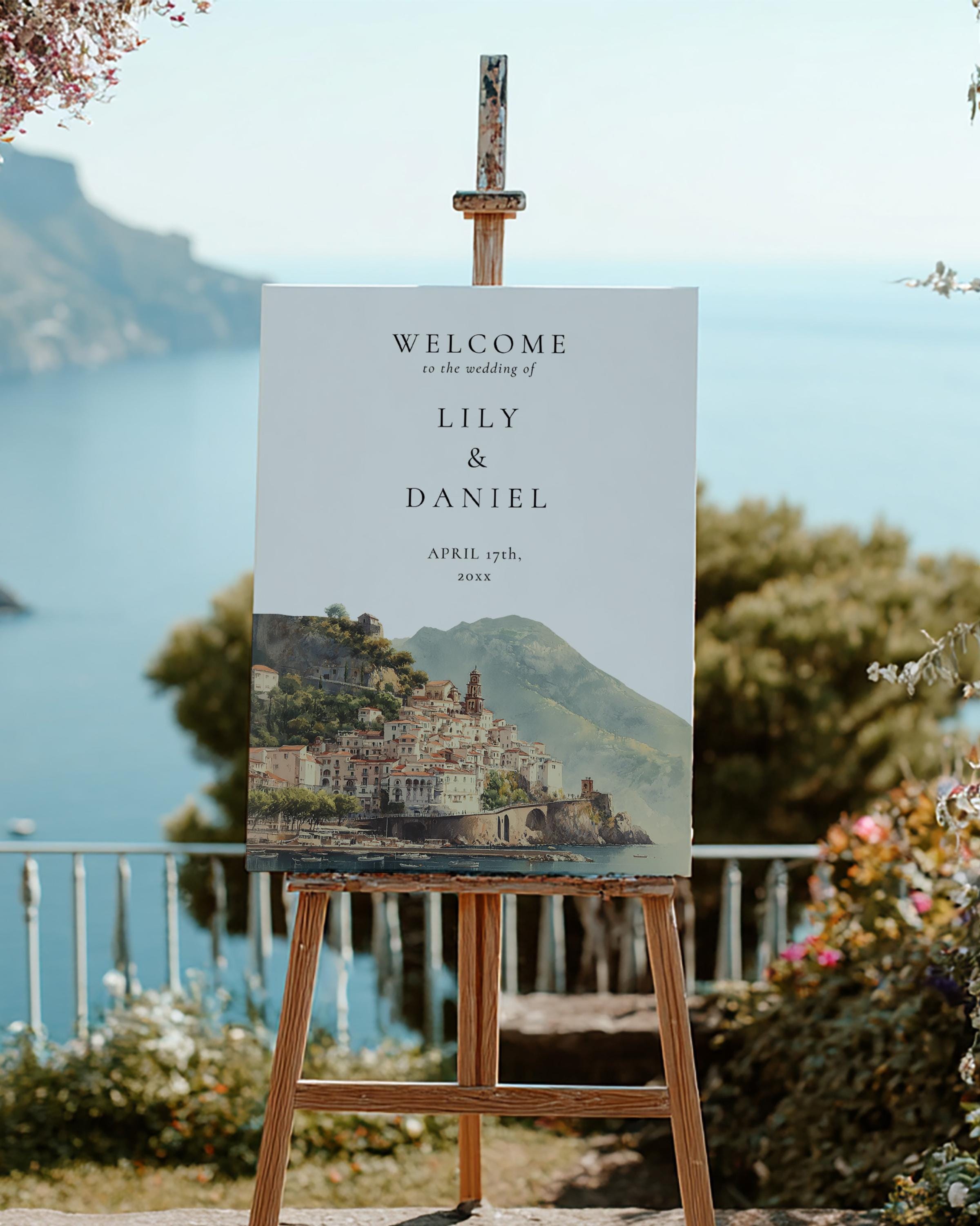Watercolor Amalfi Coast Wedding Welcome Sign Template: Editable Poster ...