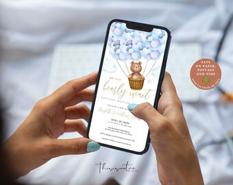 Bear Baby Shower Evite Invitation Template: Bearly Wait Boy Blue Balloons (Digital Download)