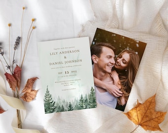 Rustic Pine Tree Forest Photo Wedding Invitation Template, Editable Invite,  Instant Download,  FAELARA