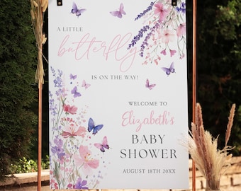 Schmetterling auf dem Weg Babyparty Willkommensschild, druckbares, bearbeitbares Poster, (Digitaler Download) BELLE