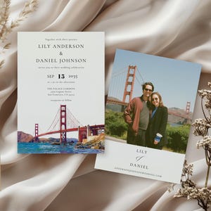 May include: Two wedding invitations with a photo of the Golden Gate Bridge and a couple. The invitation on the left has the names Lily Anderson and Daniel Johnson, with the date September 15, 2035. The other invitation has the names Lily and Daniel.