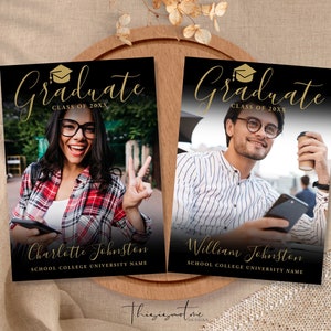 Modern 2 Photo Graduation Party Invitation Template, Gold Grad Cap High School, College University Grad, Editable Digital Instant Download