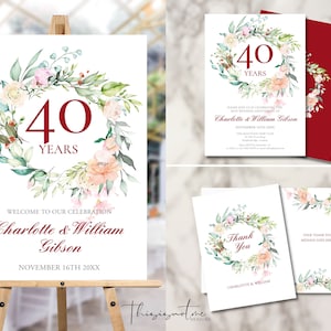 40th Ruby Wedding Anniversary Bundle, Any Year, Invitation, Welcome Sign, Thank You Card, Surprise Party, Floral, Editable Printable, RG40