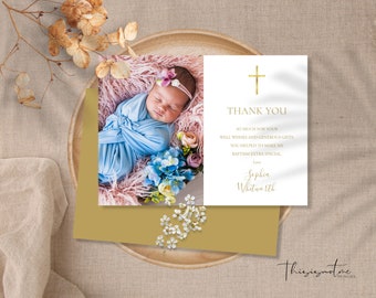 Baptism Thank You Card Template, Printable Christening Gold Thank You Card, Editable Baptism Religious Photo Thank You, Instant Download